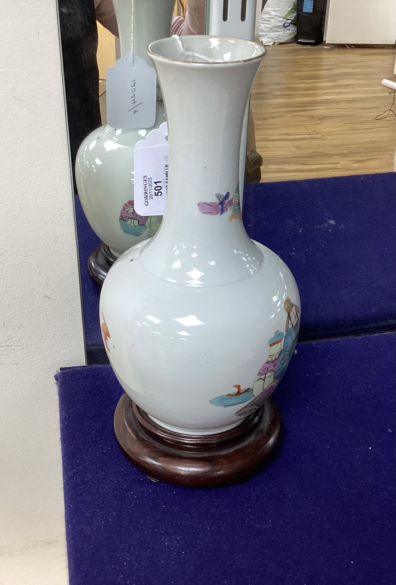 A Chinese famille rose vase, on hardwood stand, 26cm